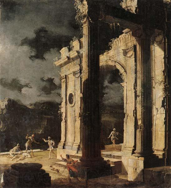 Leonardo Coccorante An architectural capriccio with figures amongst ruins,under a stormy night sky France oil painting art